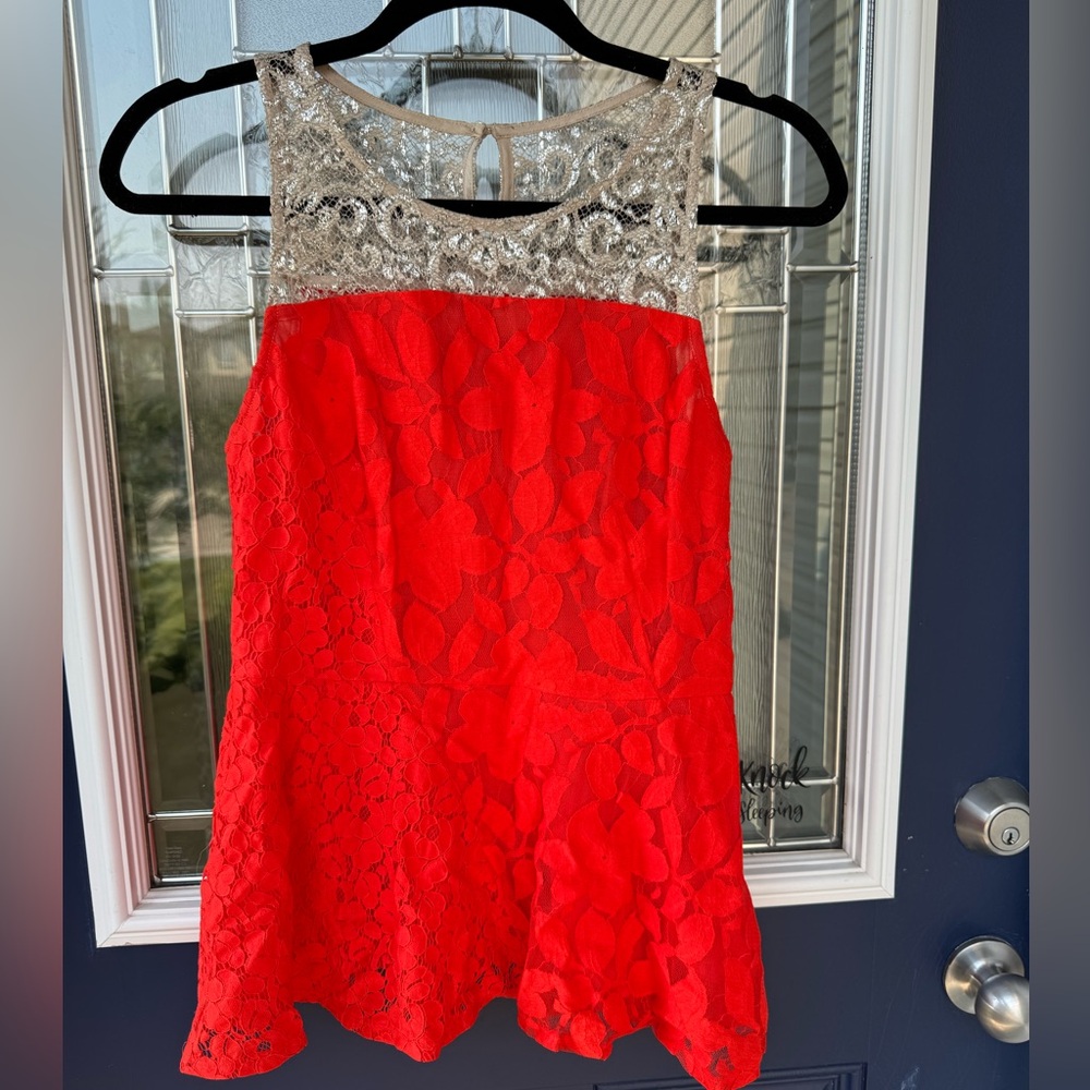 Moulinette Soeurs Red/Bright Orange peplum top with Silver Lace